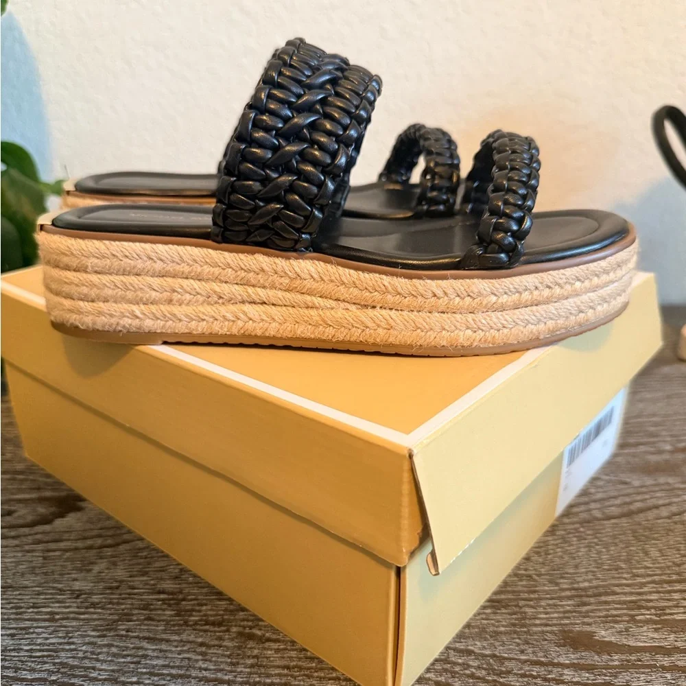 Michael Kors Black Braided Double-Strap Platform Slides